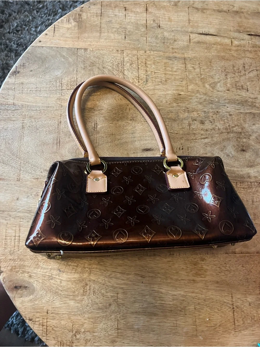 Lany Glossy Brown & gold Patent Satchel  purse with handles monogram style 12x4”